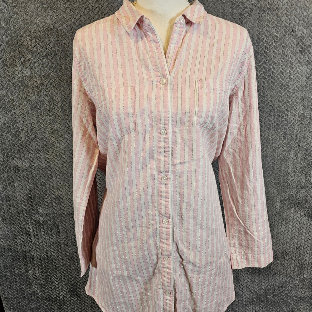 Victorias Secret Pink White Striped Metallic Silver Lurex‎ Roll Tab Shirt Large